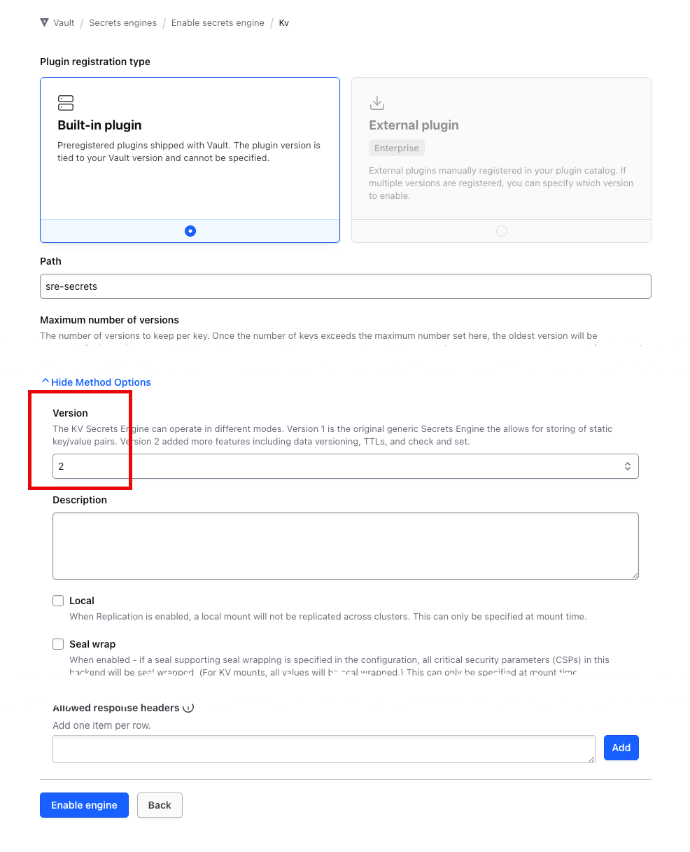 Vault UI showing the enable secrets engine method options pane
open