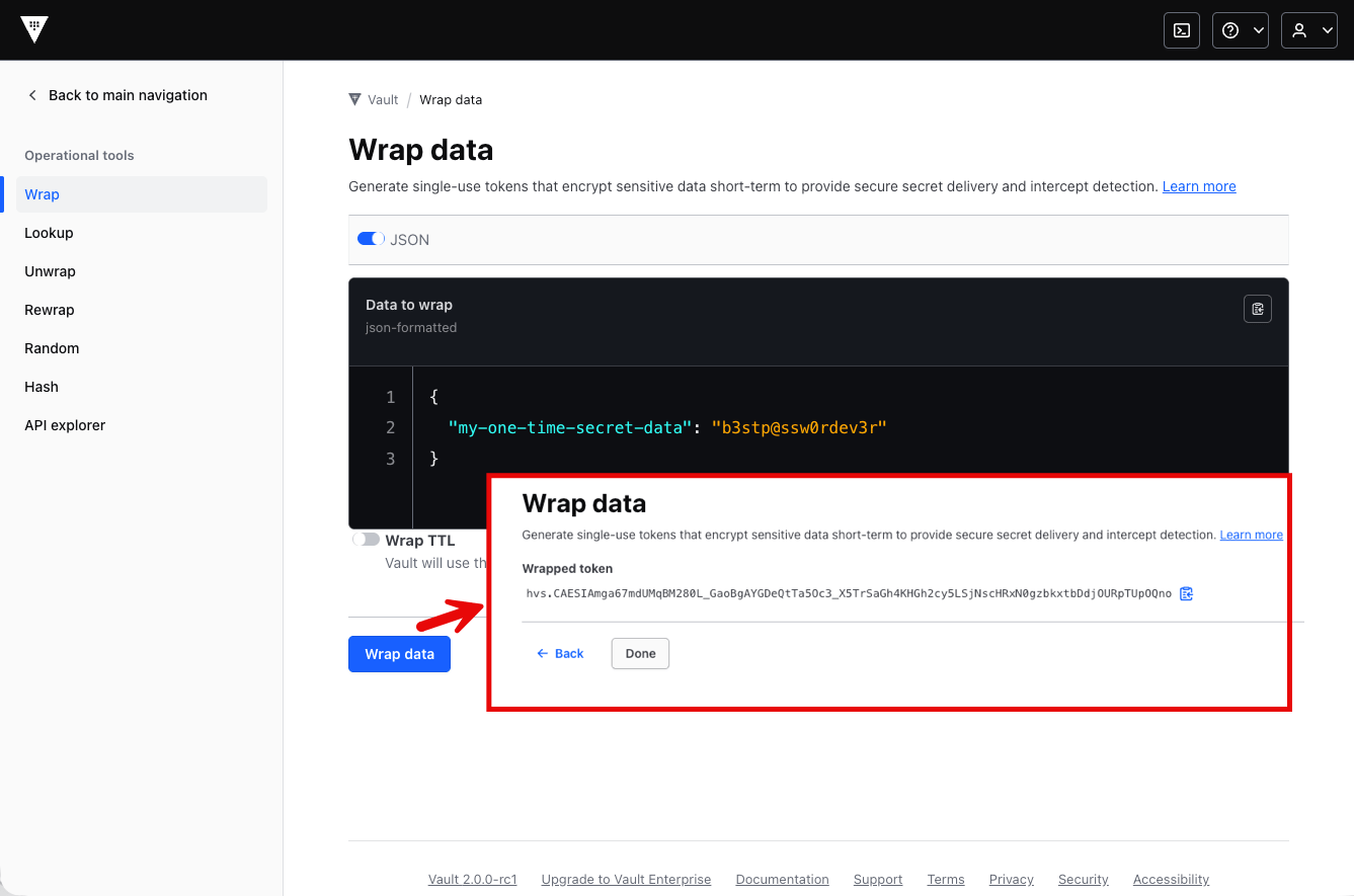 Vault UI showing the wrap tool with a sample JSON string before being
tokenized