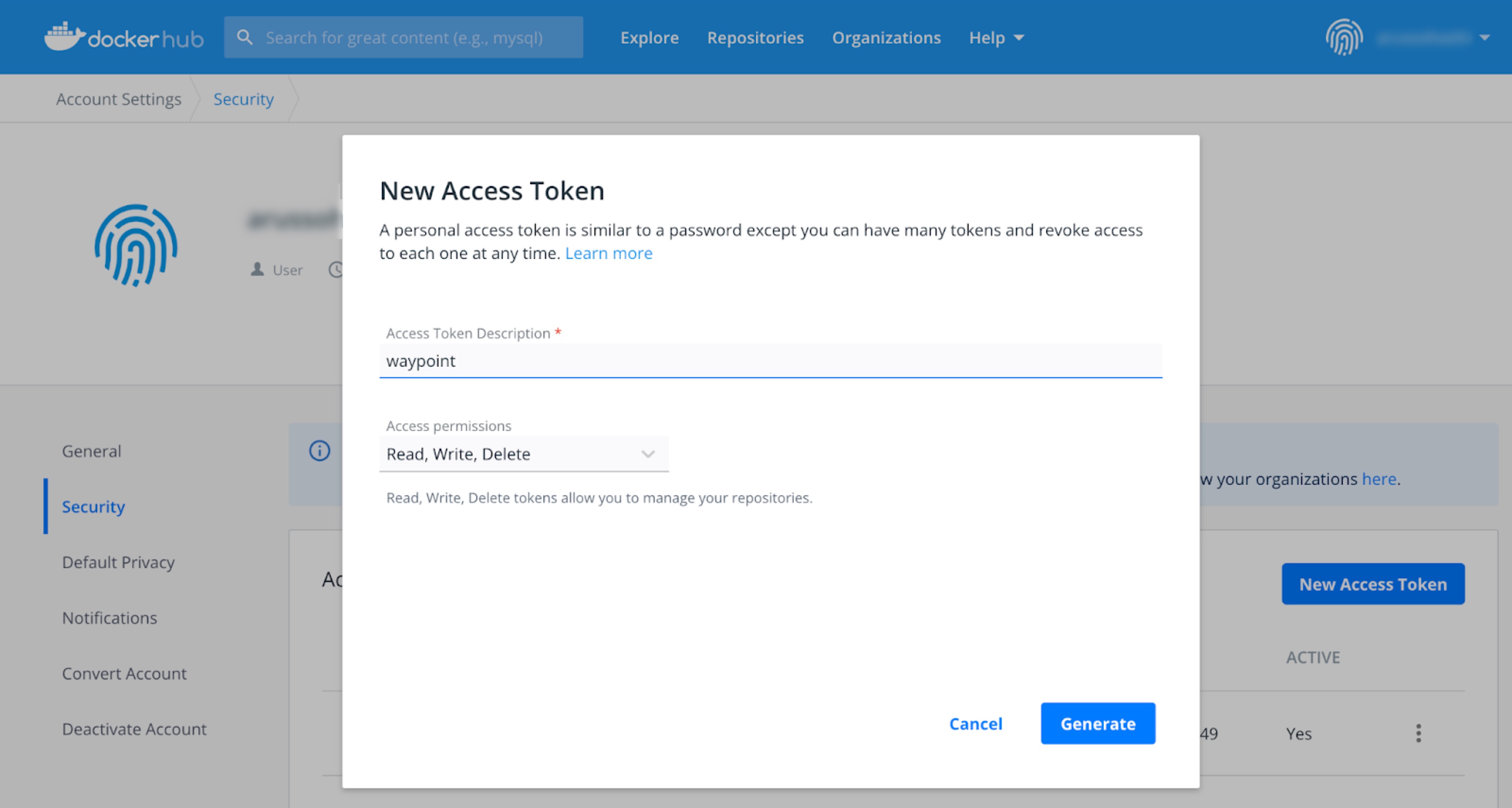 Creating a new access token on DockerHub